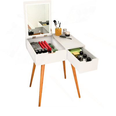 Petite coiffeuse de maquillage, bureau avec 2 tiroirs, organisateur de miroir rabattable, coiffeuse de maquillage pour chambre à coucher, vestiaire