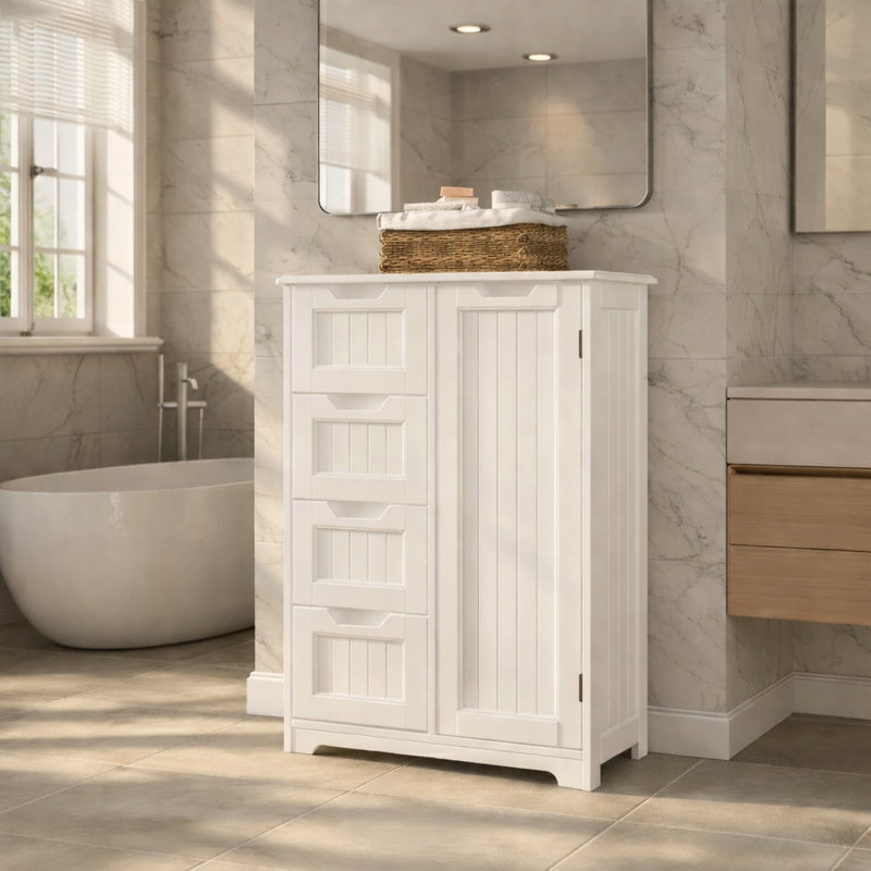 Freestanding Linen Cabinet 4 Drawers & 1 Door, Dark Brown for Bathroom, White