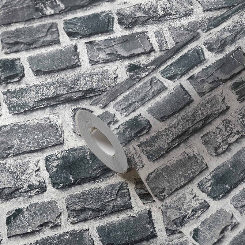 Bricks and More Collection Stone Brick Wallpaper Roll, Dark Gray