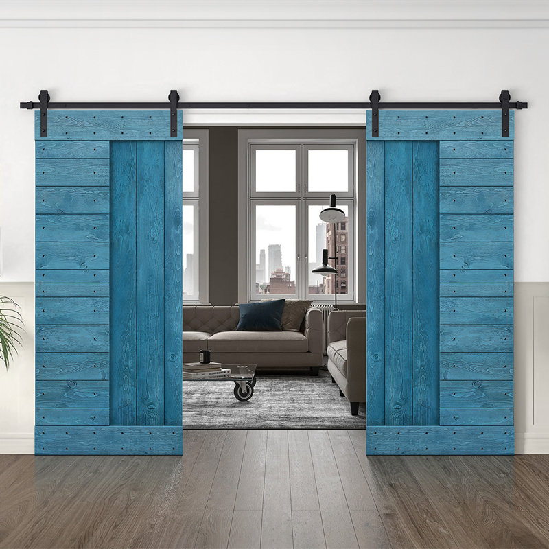 Porte de grange à panneaux et en bois avec quincaillerie d'installation, 76 po x 84 po, Bleu océan