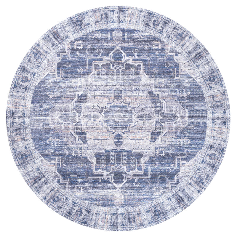 Alanya Ornate Medallion Machine-Washable Navy/Cream Rug, Round 5'3"