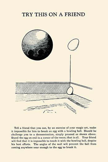 « try this on a friend », affiche rétro avec une boule de bowling et un oeuf, H 30 po x l 20 po x P 1,5 po