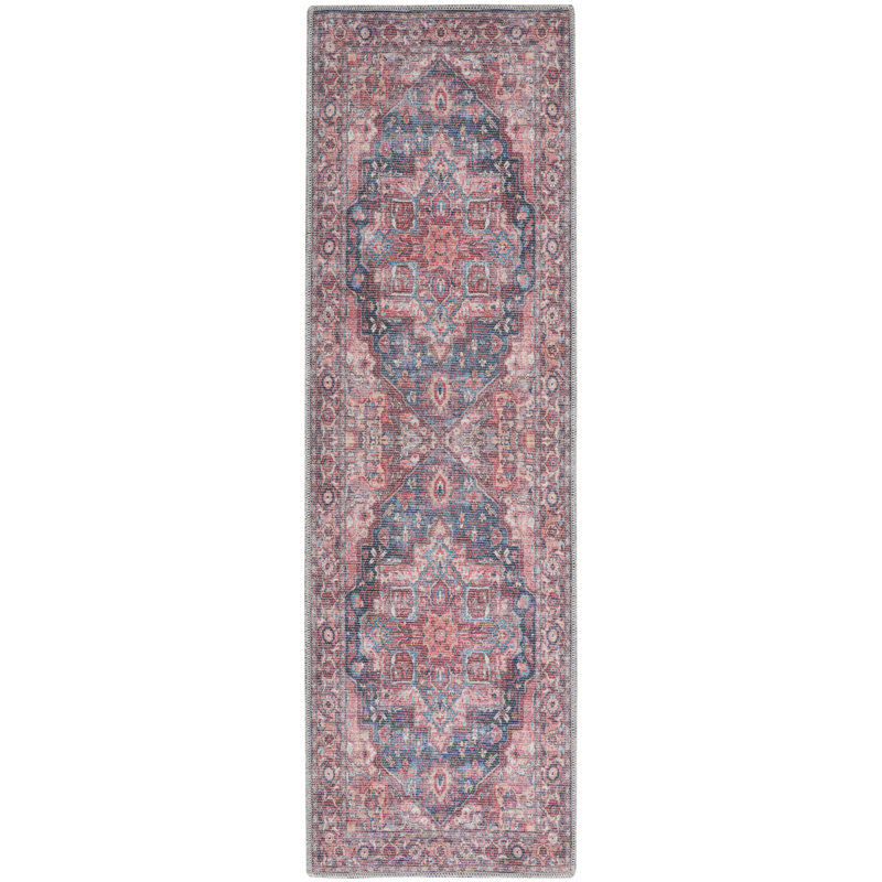 Machine Washable Oriental Blue/Brick Red Area Rug, Runner 2'2" x 10'