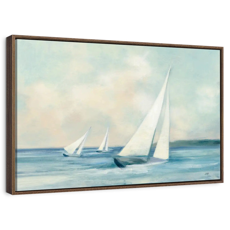 Voiliers au lever du soleil, 37 po x 25 po, Cadre flottant noyer