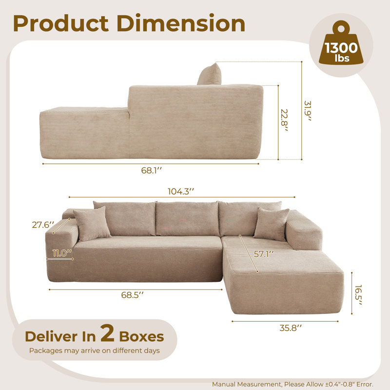 Compression Packed 2-piece Upholstered Boneless Sectional - No Assembly Required, Beige Polyester/Corduroy, Right Hand Facing