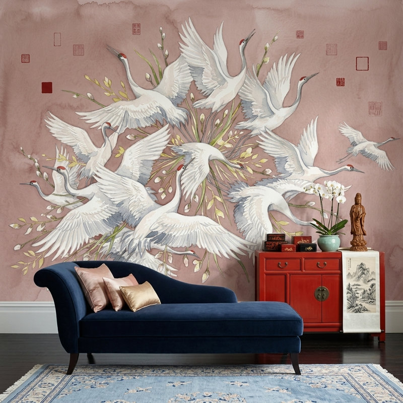 Papier peint rose Cranes, 160 po x 108 po, Peler et coller