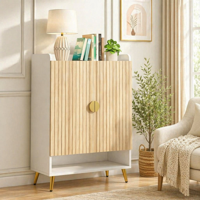 Range-chaussures en bois naturel et naturel 29,6 po avec portes et rangement à chaussures à 7 niveaux