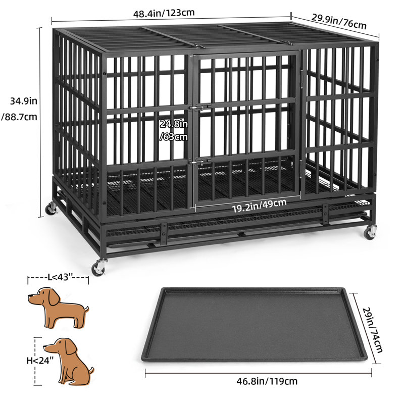 Heavy Duty Indestructible Dog Crate, Steel Escape Proof Dog Cage Kennel for High Anxiety Dogs, with Lockable Wheels and Removable Tray, for Medium Large Dogs