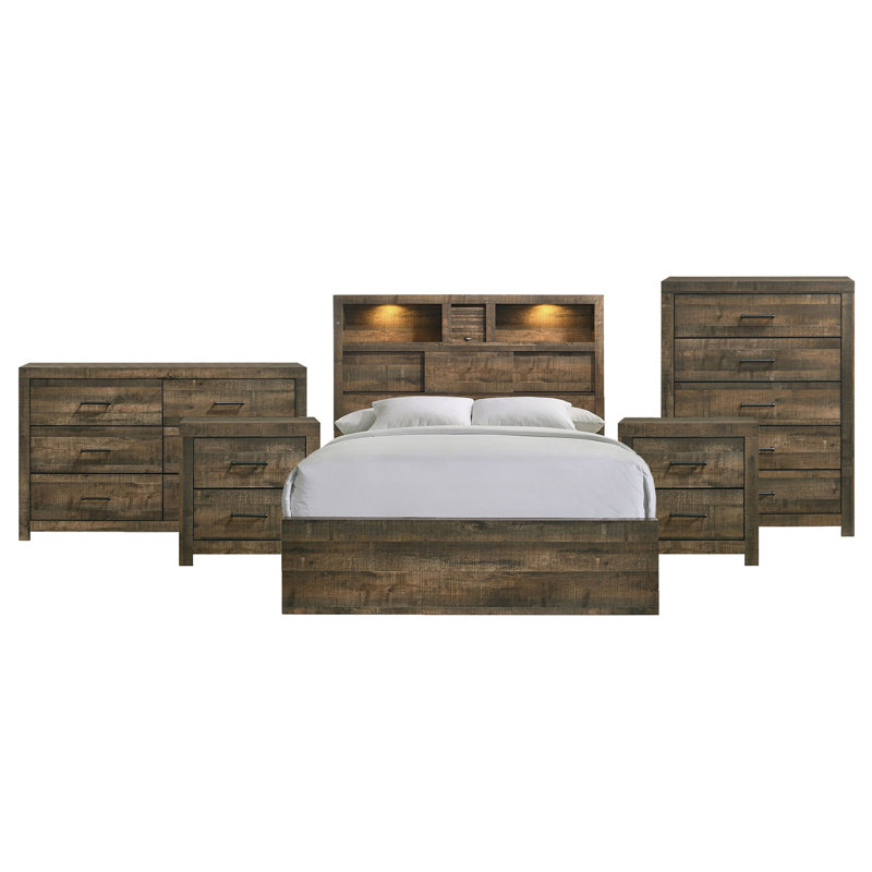 Burwell Queen Bookcase 5PC Bedroom Set, Queen, 5 Pcs: Bed, Dresser, Chest, 2 Nightstands