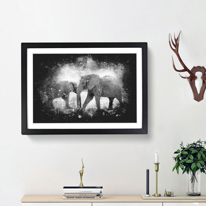 Elephants Crossing Paths Paint Splash - Framed Print, Black Framed, 24cm H x 33cm W x 2cm D