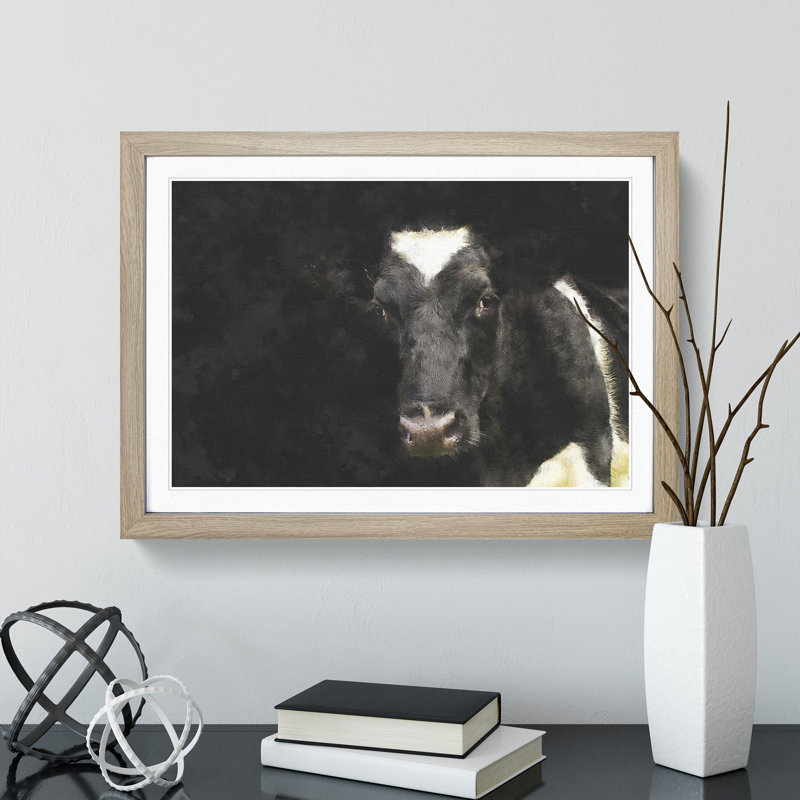 Peering Cow - Single Picture Frame Print on MDF, Oak, 33cm H x 45cm W x 2cm D