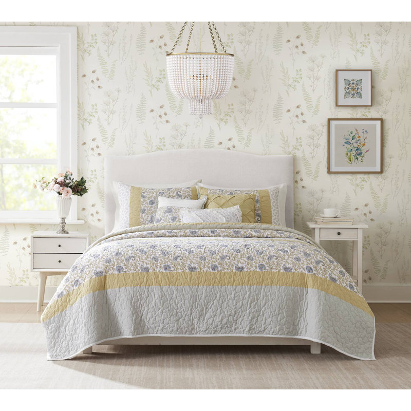 Ensemble de courtepointe en percale de coton 6 pièces avec coussins décoratifs Dawn, King/Cal.King, Jaune