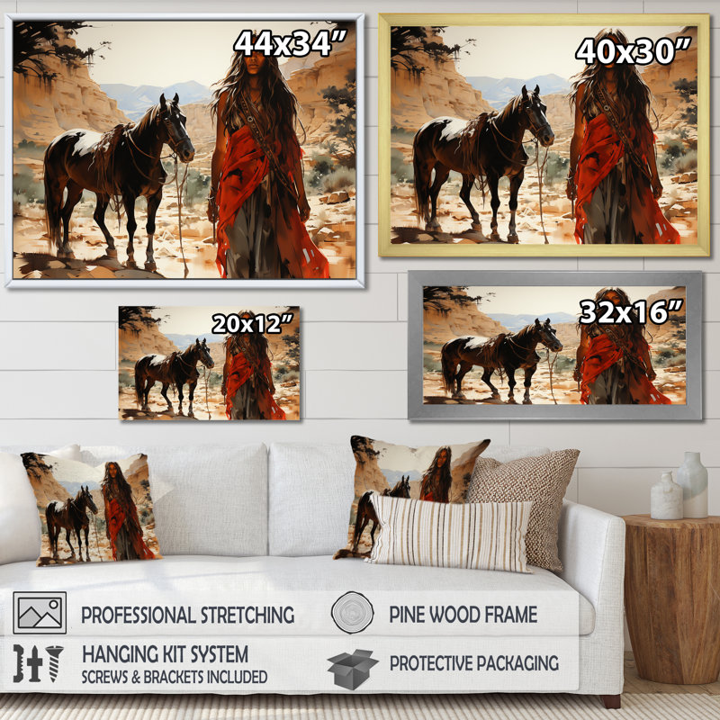 «Native American Warriro Canyon Echoes», art mural sur toile, Cadre doré simple, H 34 po x l 44 po x P 1,5 po