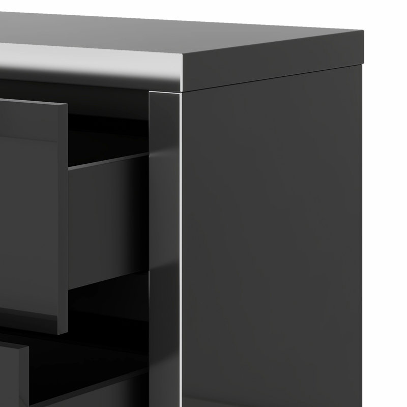 Table de chevet élégante à miroir avec 2 tiroirs, surface brillante et poignée en métal, Noir