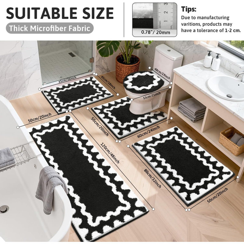 Scalloped Bathroom Rugs Sets 5 Piece, Absorbent Soft Non-Slip Washable Microfiber Shaggy Bath Mat Set with Bathroom Runner Rug, U-Shaped Toilet Rugs, Shower Rug&Toilet Lid Cover