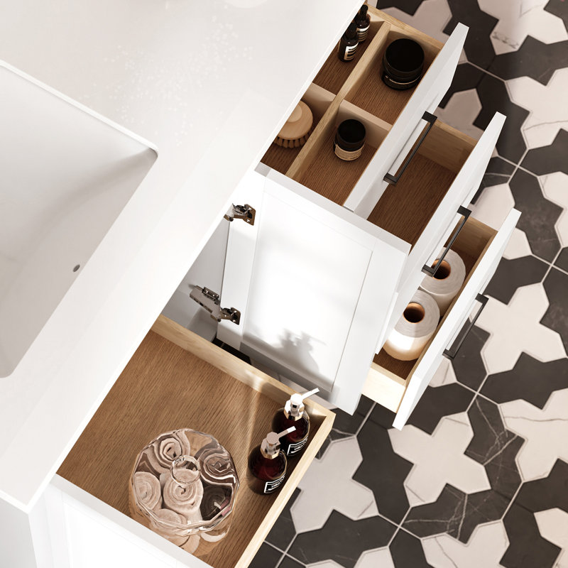 Meuble-lavabo rectangulaire simple décalé à gauche de 43 pouces avec comptoir en quartz blanc pur de 1,5 pouce d'épaisseur.