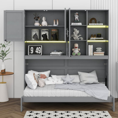 Lit escamotable simple avec armoire supérieure, lit escamotable avec tablettes, lit pliable peu encombrant avec éclairage et ports USB