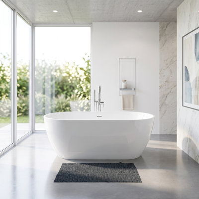 Baignoire autoportante contemporaine en résine d'ingénierie en pierre solide de 63 po x 29,5 po, fonction de trempage profond avec trop-plein et bonde escamotable, blanc brillant