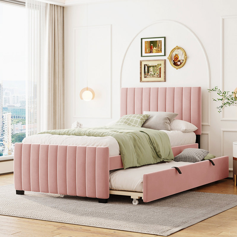Lit plateforme tapissier simple en velours avec lit gigogne simple, Rose