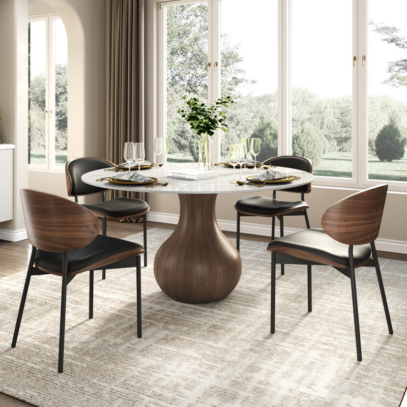 Ensemble de table de salle à manger en noyer foncé 5 pièces Otelia + grandes chaises noires pour 4/6/8/10, Blanc lustré