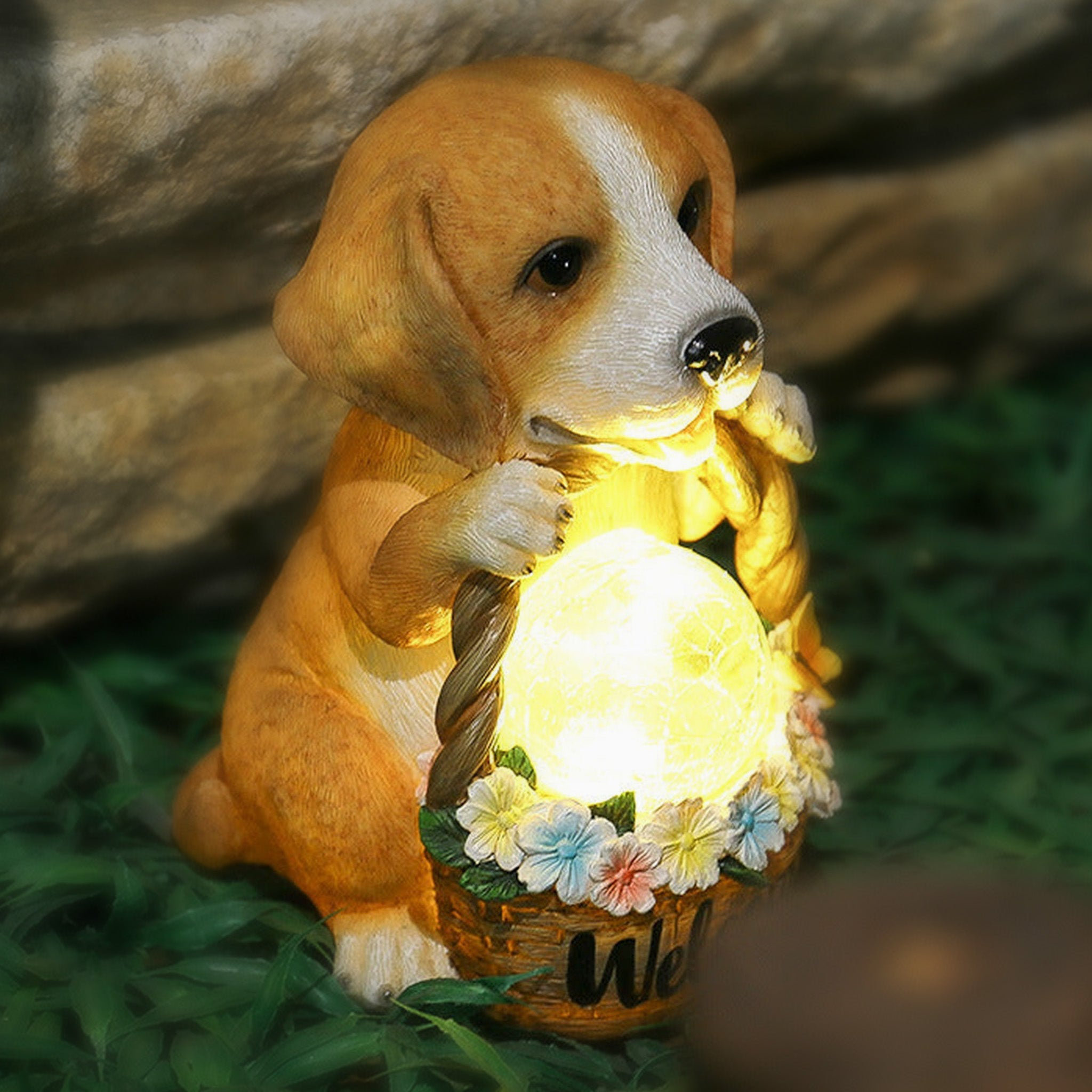 Winston Porter Outdoor Dog Statue With Solar Light Basket Brown
