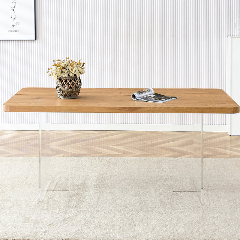Rectangular Modern Wooden Table With Acrylic Legs - Computer Desk & Dining For Multiple Environments Effortless Install Process Ideal Different Spaces Assembly