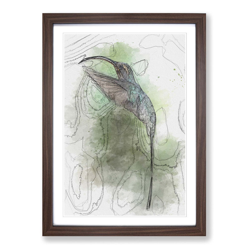 Green Hermit Hummingbird in Abstract - Picture Frame Graphic Art Print, Walnut Framed, 65cm H x 48cm W x 2cm D