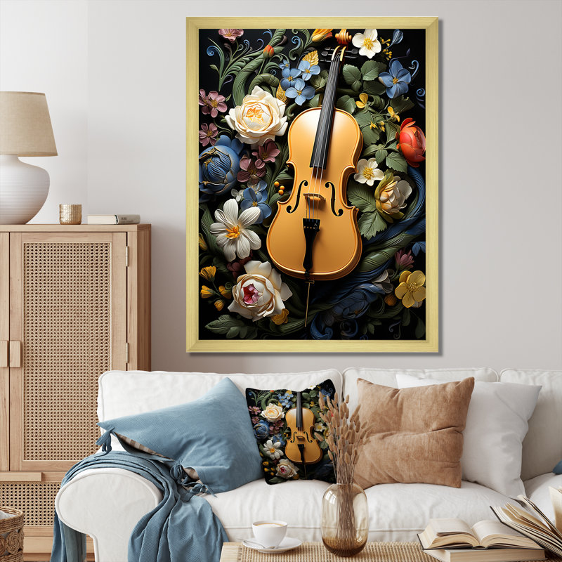«Yellow Nature's Harmony» - art mural musique, Encadrement doré, H 40 po x l 30 po x P 1,5 po