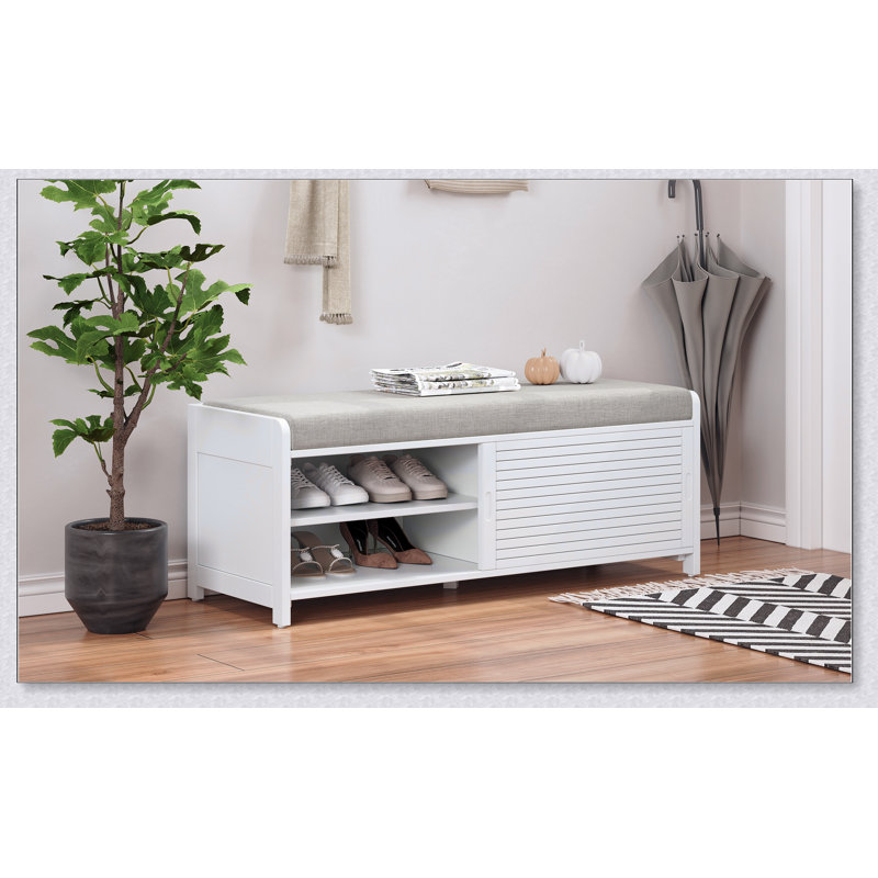 Banc de rangement à volets vieillis avec placage d'acacia pour le charme rétro du salon, entrée (blanc)