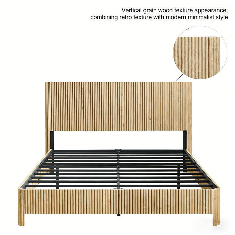 Wood Bed Frame with Headboard, Platform Bed with Metal Slats Support and Weight Capacity 1000 lbs, No Box Spring Needed, Oak, Queen
