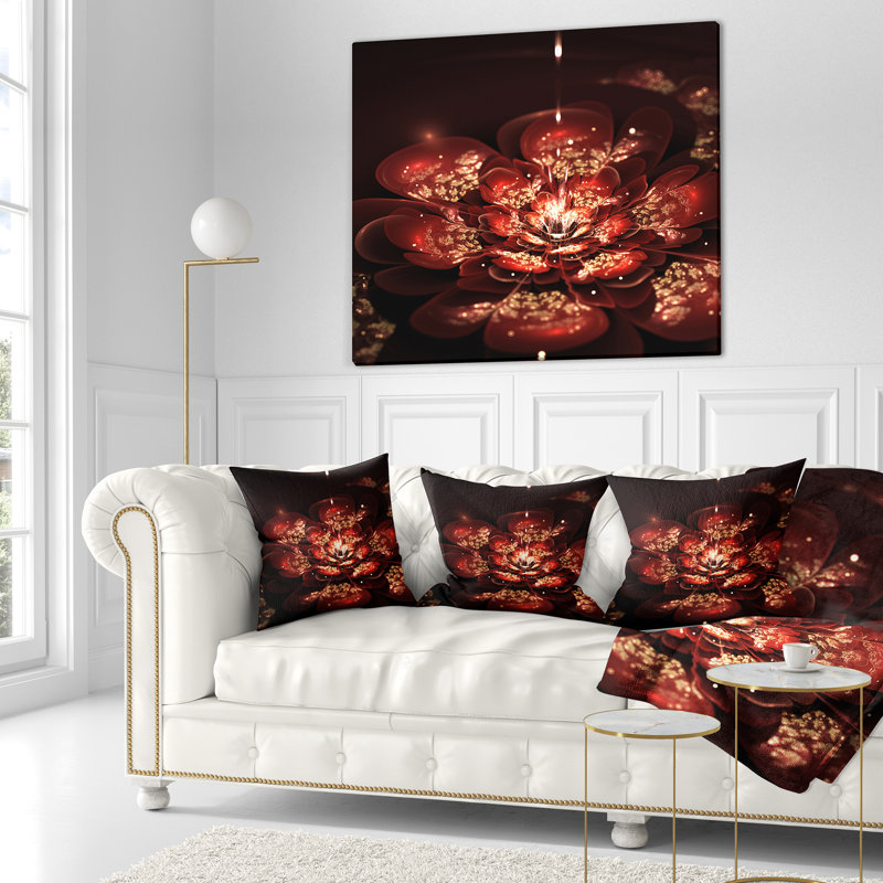 Fleurs rouges à motif fractal - coussin à imprimé floral, 16 po x 1 po, Coussin décoratif