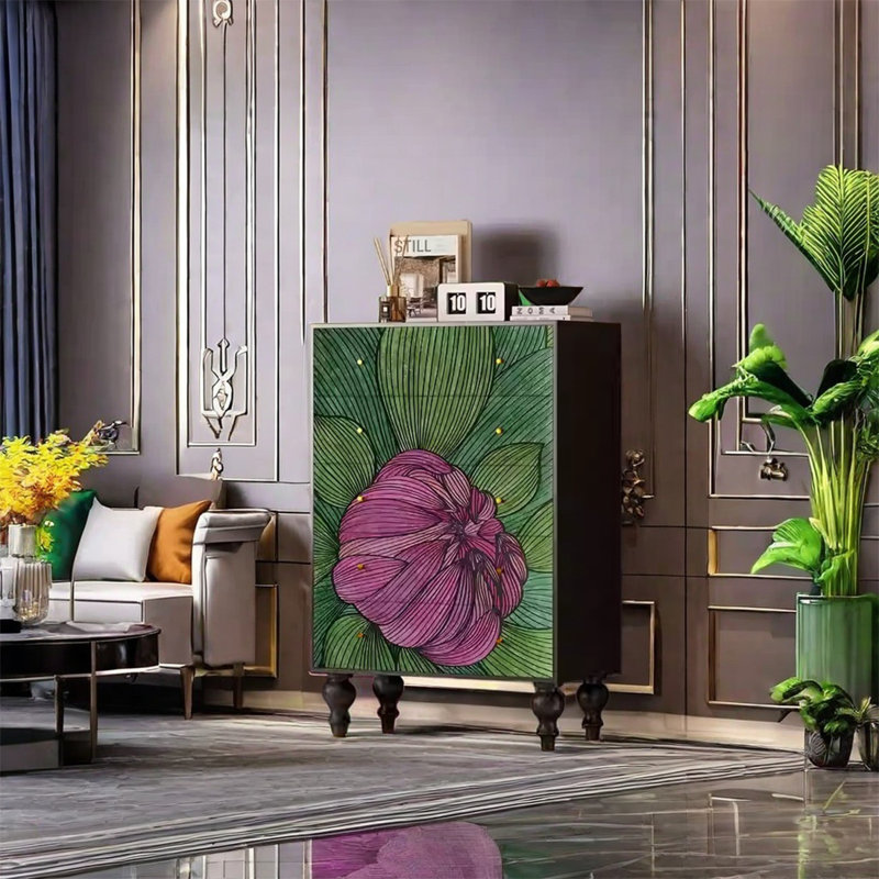 Armoire à cinq tiroirs en noyer avec design artistique