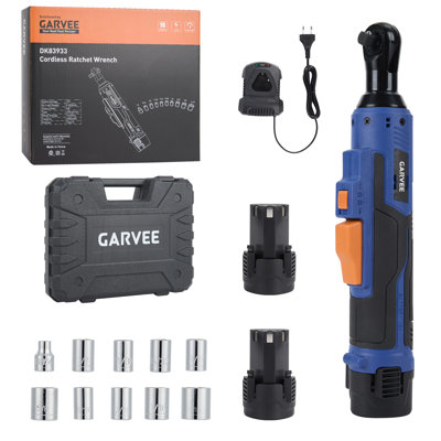 High-Torque 3/8 in Rechargeable Electric Ratchet Wrench Set - 45 N·m, 0-300 RPM Adjustable Speed, LED Work Light - 12V, 2x 2000mAh Batteries, Fast Charger, 10 Sockets, Right-Angle Design