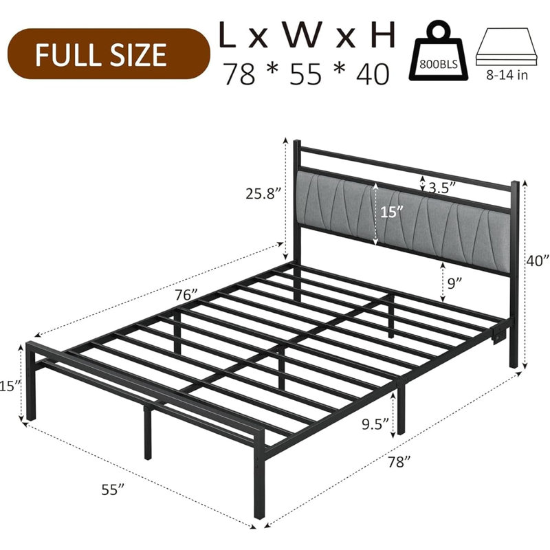 Metal Bed Frame with Storage Headboard and Charging Station LED Lights Modern Design Bed Frame Metal for Bedroom Furniture