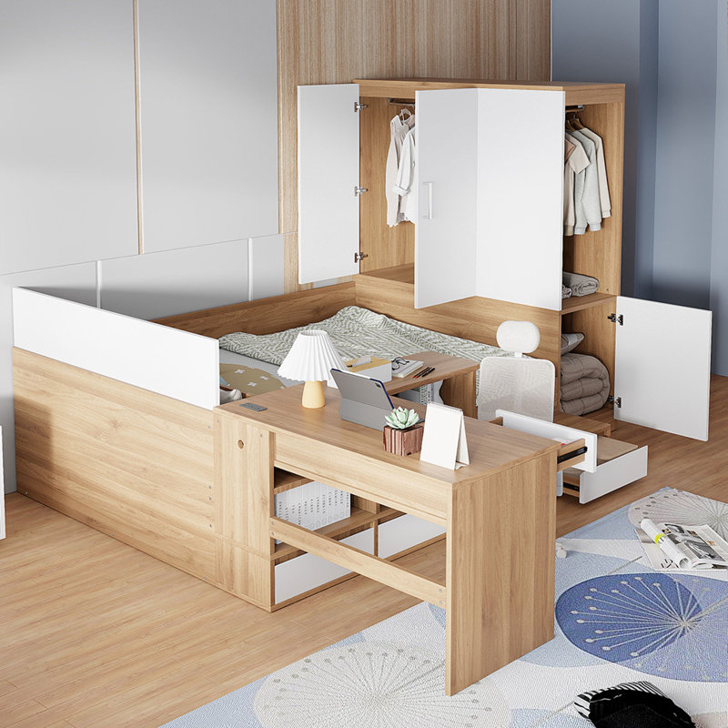 Lit plateforme double en bois avec 6 tiroirs, tablettes, bureau et garde-robe pour un rangement et une fonctionnalité ultimes