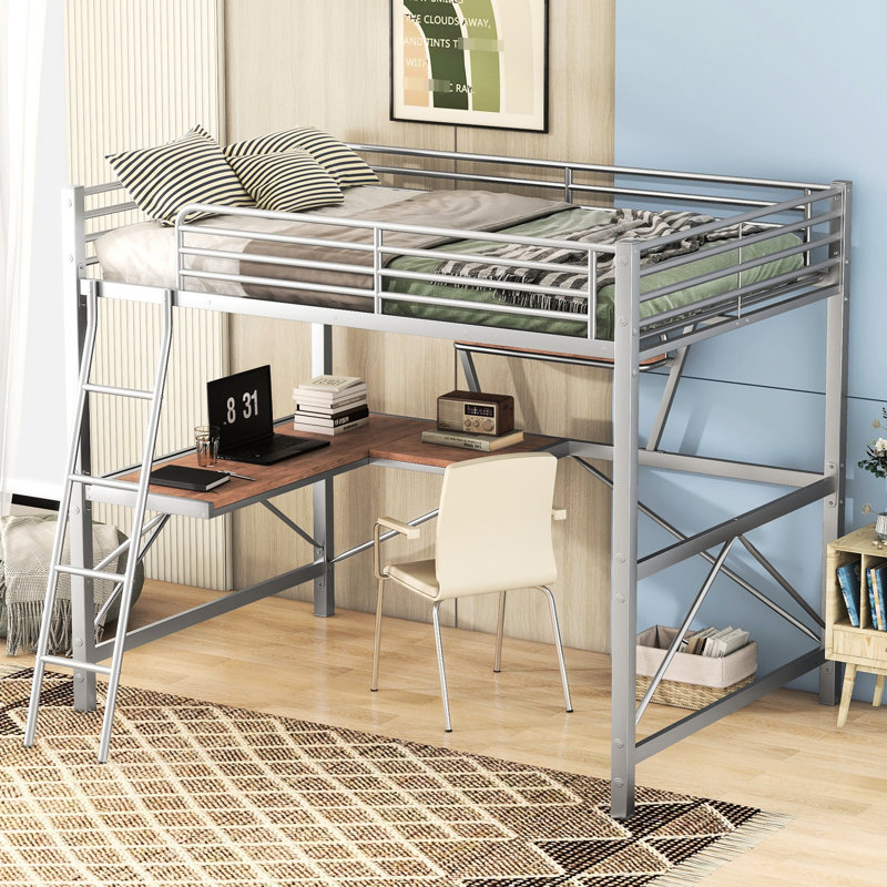 Modern Silver Full Size Loft Bed With Desk & Shelf - Strong And Secure Build, No Box Spring Needed For Size Metal& Stable Frame, , Requirement
