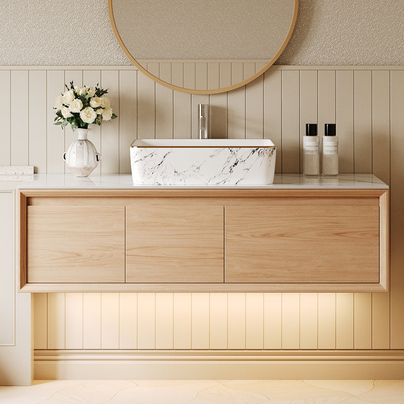 48" Brown Modern Single Bathroom Vanity With Ceramic Basin