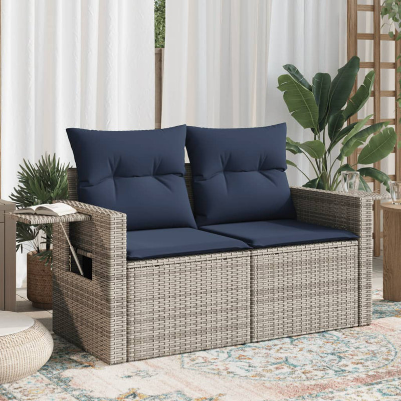Canapé de patio en rotin noir 2 places Ebern Designs, Coussin bleu marine / structure grise