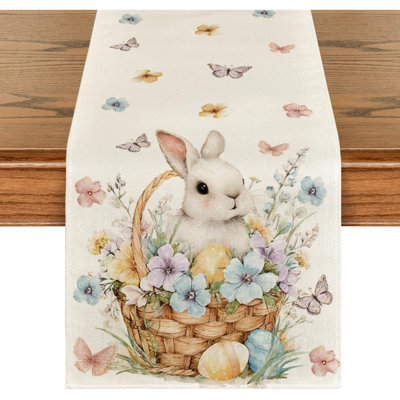 Bunny Eggs Flowers Basket 210 GSM Easter Table Runner, Seasonal Spring Kitchen Dining Table Decoration For Home Party Decor 13X72 Inch