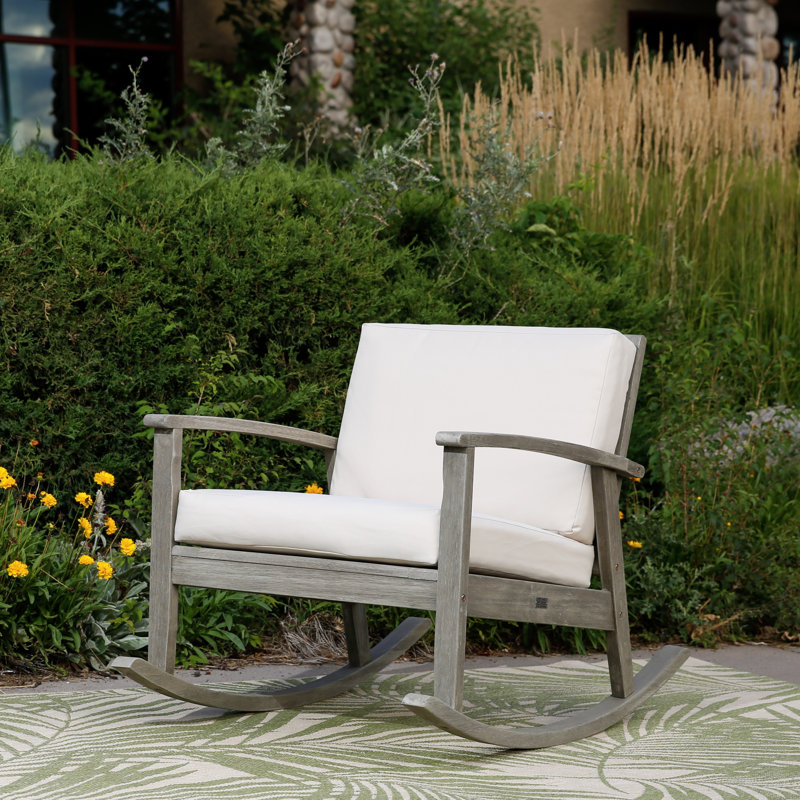 Chaise berçante en bois massif avec coussins Buecker, Bois flottant gris, Vert foncé