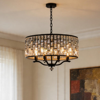 Lustre cylindrique moderne en cristal 8 lumières 24,4 "à finition noir mat