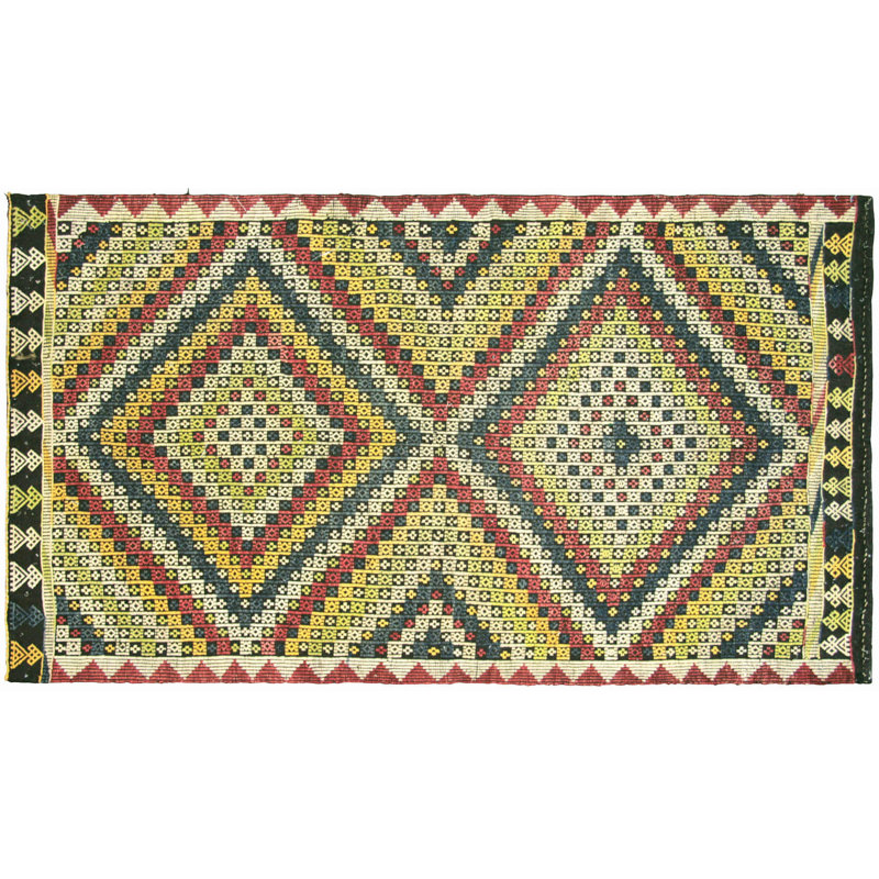 Tapis unique en laine noué à la main de style années 1960 de 4 pi 9 po x 8 pi 3 po jaune / rouge / ivoire