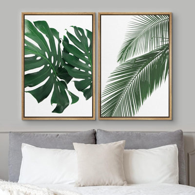 Feuilles de palmier vert et plante Monstera, photos botaniques tropicales, décoration de salon nautique moderne - ensemble de 2 reproductions sur toile flottante