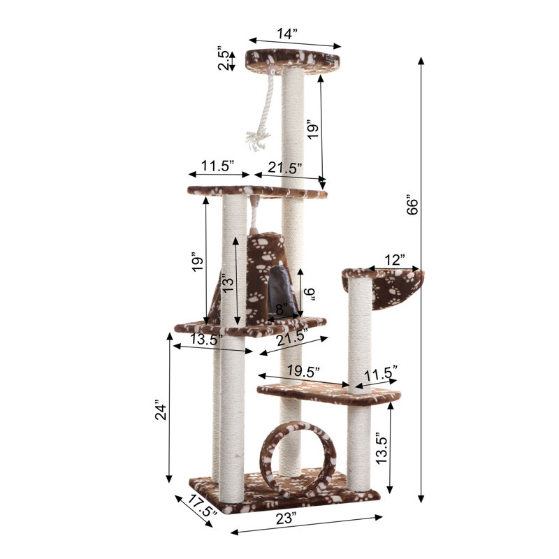 66'' Saddle Brown Faux Fur Cat Tree with Sisal Posts