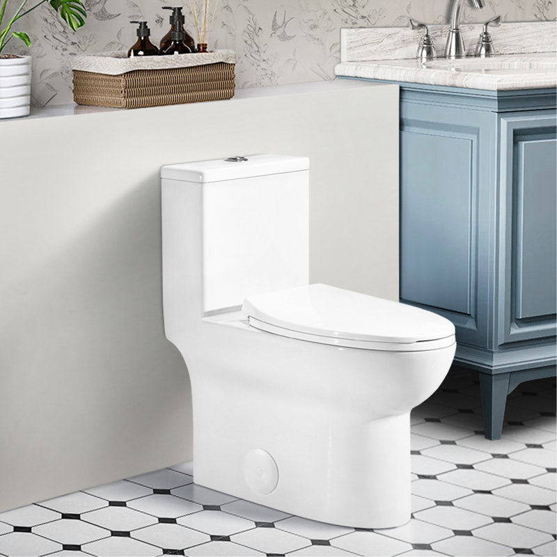 One Ceramic Toilet, 1.1/1.6 Elongated, Comfort Height Floor Mount, White, Soft Close Seat, & Elongated Height, Mounted,