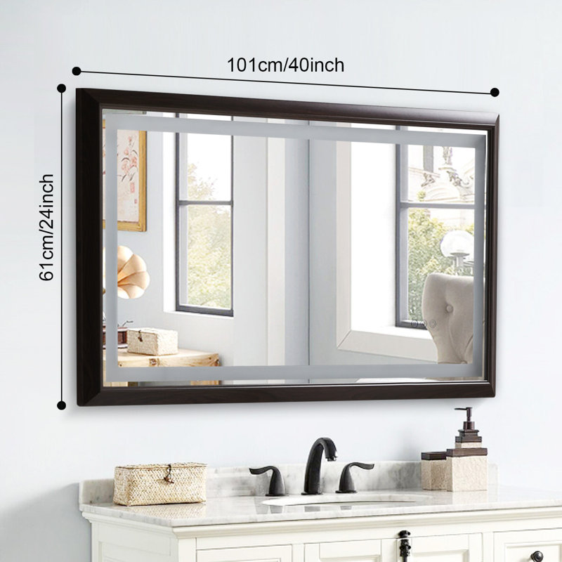 Wood Grain Aluminum Frame Led Frontlit Lighted Bathroom Vanity Mirror, Anti-fog/stepless Dimmable/3 Colors Adjustable