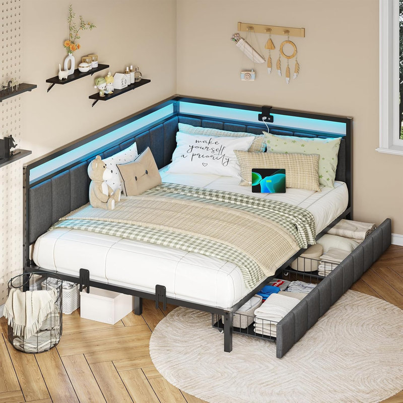 Corner Bed Frame with LED Lights and Charging Station, Cord Cloth Upholstered Bed with 2 Underbed Storage Drawers, Modern Sofa Bed, No Box Spring/No Noise