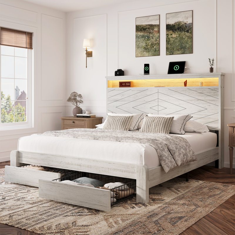 Metal Bed Frame With 2-Tier Storage Headboard,  2 Storage Drawers, Built In Charging Station & Led, Queen