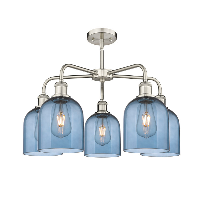 Lustre en forme de cloche à intensité variable en acier à 5 lumières Odaniel, Bleu princesse, Nickel satiné
