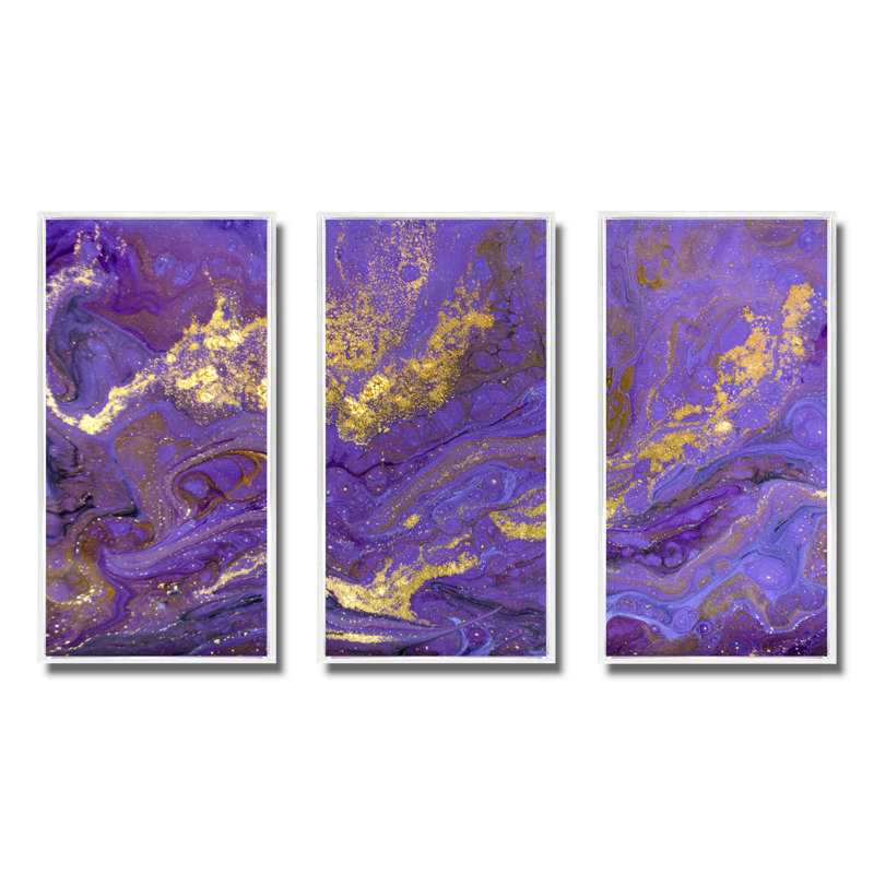 Or et mauve marbré ondulé Texture I - ensemble de 3 reproductions sur toile, Cadre blanc, H 32 po x l 48 po x P 1 po